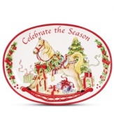 Something for under the tree and topping your table, the Celebrate the Season tray from Fitz and Floyd features an elegant scene beside the tree and sculpted red trim.