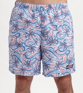 A colorful addition to a day on the beach or boat, designed with waves and palm trees in easy-fitting nylon. Elastic waist with internal drawstring Side slash, back patch pockets Meshing lining Inseam, about 7 Polyester Machine wash Imported 