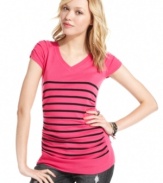 Sporting ruched cap sleeves and a striped design, this long sweater takes casual style to the next level of cute! From It's Our Time.