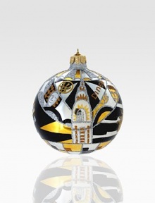 A handpainted ornament celebrates the art and architecture of the 1940s, when the Art Deco movement left its indelible mark on New York City.Handpainted glass Wipe clean 4 diam. Imported 