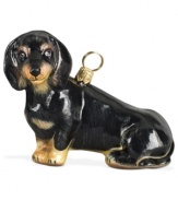 Lucky dog! Just begging for a home, this black dachshund ornament has puppy dog eyes and a beautiful coat in hand-painted glass by Joy to the World.