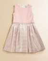 A pretty party dress with a traditional air combines a subtly textured faille top with a glistening basketweave skirt, pleated for lots of fullness.Jewel neckline Sleeveless Plain faille bodice Back zip closure Braid detail at waist Full pleated basketweave skirt with a subtle sheen Fully lined Acetate; dry clean Made in USA