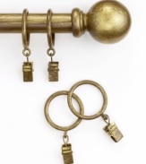 Featuring an elegant aged gold finish, this drapery clip ring set finishes your windows with practical sophistication. Clips slide easily over rod; clip to panels.