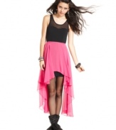 So in love with this dress from Material Girl! A high-low faux-skirt in shocking pink brings punk edge to the mix. Dare to wear the frock with combat boots for a look that's girlishly rugged.