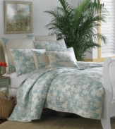 Escape to a tropical paradise. This Plantation Floral Aqua quilt from Tommy Bahama has a refreshingly calm appeal, featuring an allover tropical floral print in a cool aqua hue. Pure cotton sateen is embellished with stitching details and ivory trim for luxuriant texture. Reverses to self.