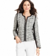 Look tailored and on-trend with Alfani's petite tweed jacket, featuring stylish faux leather and ponte insets.