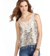 Flowers and lace expertly unite on a top from American Rag that's trend-right and perfectly pretty! Don it with your most flattering jeans for a cropped look that wins all!