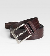 Rich calfskin leather is detailed with double stitching and a silvertone buckle. About 1½ wide Imported