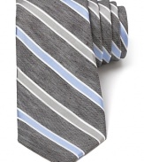 A fine blend of soft linen and plush silk harmonize together on this handsome tie, featuring a refreshing light stripe design that pairs perfectly with your warm weather suiting.