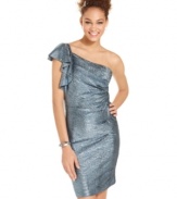 Boasting a slightly gathered bodice and cascading, ruffled sleeve, this one-shoulder dress from Hailey Logan is designed to dazzle.