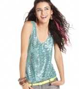 Looking for a way to brighten your jeans and tank uniform? Waves of metallic sequins totally light-up this top from Material Girl. So shine on!