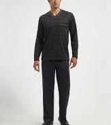 A striking jacquard shirt and easy-fitting pants crafted with dream-inspiring comfort in pure, mercerized cotton jersey. V-neck Piped trim Chest patch pocket Elastic waist Side slash pockets Inseam, about 32 Cotton; machine wash Imported 
