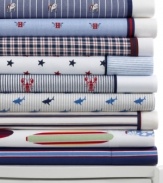 Pattern perfect. Bold prints and primary hues bring fresh, all-American flair to your bedroom with these extra-soft Tommy Hilfiger sheet sets. Featuring pure ringspun combed cotton.