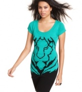 Baby Phat takes on the animal kingdom with a studded sweater tunic that sports a cute lion graphic.
