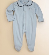 Rendered in plush pima cotton, this adorable coverall is includes a snap-front closure and a sweet Peter Pan collar with colorful trim.Peter Pan collarLong sleevesSnap frontPima cottonMachine washImported Please note: Number of snaps may vary depending on size ordered. 