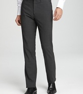 Straight, slim leg pants. Front quarter top pocket and back besom pockets. Flat front. Covered tab waistband.
