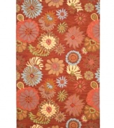 Playful posies. The Blossoms area rug presents ultra-modern florals scattered across a warm red ground. Woven meticulously in India of soft, long wool fibers, its intricate composition is as attractive as it is durable.