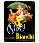 Put a humorous spin on casual decor. A must for vintage ad collectors and dedicated cyclists, this wooden sign for Biachi bicycles features a clownish rider with a pal, luggage and pets balanced precariously all over his bike.