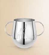 From the Savane Collection. Animals of the sub-Saharan decorate a stunning, silvertone baby cup with two handles and a polished finish. 3¼ high Hand wash Made in France