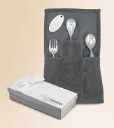 A three-piece set serves both little diners and their parents alike, as toddlers transition from needing adult assistance at mealtimes to feeding themselves. Forged of lustrous, 18/10 stainless steel with looped handles for a toddler to grasp securely, and a feeding spoon with a long handle just right for an adult to maneuver into a tiny mouth. Three-piece set Hand wash Imported 