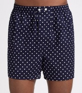 A men's essential in softly mercerized, polka-dotted cotton. Rear panel seat construction adds a longer life. Elastic waist Adjustable button closure Open fly Inseam, about 4 Cotton; machine wash Imported