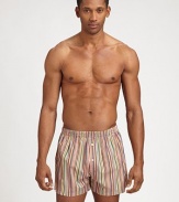 Soft cotton with handsome stripe pattern and elastic waistband for added comfort.Two-button elastic waistbandInseam, about 3½CottonMachine washImported