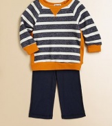 With wide stripes, contrast ribbed details and matching pants, this comfy outfit is a must-have for preppy little ones. Shirt Ribbed crewneckLong sleeves with ribbed cuffsRibbed hem Pants Pull-on styleCottonMachine washImported