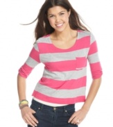 Get bold in stripes with this crop top from Planet Gold. Looks awesome with jeans for easygoing, daytime style!