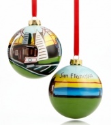 A ball of energy, the San Francisco ornament depicts the bustling city's most recognized landmarks, from the Golden Gate Bridge to the Transamerica Pyramid, in hand-painted glass.