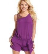 Feeling hot! Mesh insets add sheer appeal to this every day, belted romper from GUESS?.