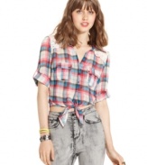 Sporting a crochet inset and country-plaid print, this crop top from American Rag adds homegrown cuteness to your warm-weather wear!