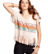 Fringes galore add boho flavor to this tribal print top from Miss Chevious! For a look that's trend-forward and super cool, pair the top with your number one skinny jeans!