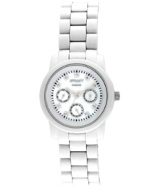 White hot...and green to boot. Sprout's eco-friendly watch looks good and does good at the same time. White corn resin bracelet and round case with mineral crystal lens. White mother-of-pearl dial features nine diamond accent markers, three subdials, silvertone hour and minute hands, sweeping second hand and logo. Quartz movement. Limited lifetime warranty.