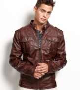 It's not real leather, it's better. American Rag cuts this zip-up moto jacket from a pleather that lighter and easier-care than old-style gear.