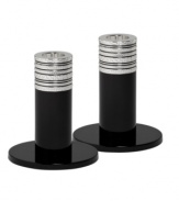 Light up your home with the grace and sophistication of Vera Wang's With Love Noir candlesticks. Geometric detail lends extra shimmer to black enamel in a set that invokes modern and deco design.