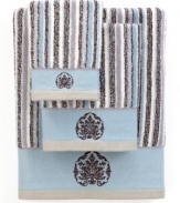 Sweet serenity. Offering a romantic and elegant composition for your bath space, this Aquarelle Embroidery bath towel features beautiful stripes in soft blue hues. Embellished with subtle embroidery along the hem.