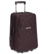 Put your signature on travel! A classic pirouette pattern opens to reveal a coordinating amethyst lining, which features two separate packing areas, an expandable lid and attractive ruffle accenting. Your wardrobe takes front seat in this fully-stocked case with padded garment straps for wrinkle-free travel, a slipper satchel for keeping tabs on shoes and two hideaway zip compartments for small accessories.