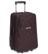 Put your signature on travel! A classic pirouette pattern opens to reveal a coordinating amethyst lining, which features two separate packing areas, an expandable lid and attractive ruffle accenting. Your wardrobe takes front seat in this fully-stocked case with padded garment straps for wrinkle-free travel, a slipper satchel for keeping tabs on shoes and two hideaway zip compartments for small accessories.