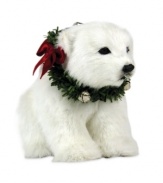 Who's ready to play? This cute-as-a-button polar bear cub jingles all the way with his festive wreath of jingle bells accented with a cheerful red ribbon.