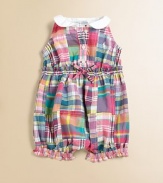 An adorable sleeveless romper is rendered in lovely, vibrant cotton madras.Peter Pan collarSleevelessFront button placketElastic waistband with ruffle trim and bowBottom snapsRuffled, elastic leg bandsCottonMachine washImported Please note: number of buttons and snaps may vary depending on size ordered. 