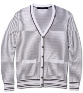 Collegiate cool. Get top marks for prepster style in this striped cardigan from Sean John.