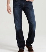 Low waist, straight leg jeans with zip fly. 12 oz denim in dark, clean wash with tonal H embroidery. Classic five pocket silhouette for a great, comfortable fit.