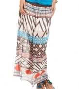 Global fixation! Sporting a perforated, faux-leather waistband and an adventurous print , this chiffon maxi skirt from Baby Phat goes the distance in style.