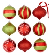 Catch a break with shatterproof ornaments from Kurt Adler. Bright holiday colors and graphic glitter motifs make this set of drops and balls a favorite new addition to your tree.