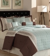 An embroidered geometric circular pattern, over waves of cool blue color, creates luxurious texture in this Ashbery comforter set. Pieces are accented with contrasting brown and cream tones. Comes complete with bedskirt, shams and three delicate decorative pillows for an exquisite allure. (Clearance)