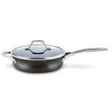 This Calphalon sauté pan with lid boasts the revolutionary Unison Slide Nonstick surface which releases foods effortlessly, making even the most demanding culinary creations simple to prepare. A heavy-gauge bottom provides even heating and prevents sauces from scorching, while the high sides and narrow opening control evaporation. Handles stay comfortably cool on the stovetop.