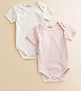 Comfy baby basics in soft cotton knit, offering one dot and one solid design.Envelope shoulders for easy on and off Short sleeves Snap bottom Cotton; machine wash Imported