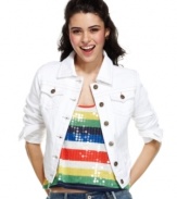 Add neutral balance to your colorful gear with this white wash denim jacket from Jou Jou!
