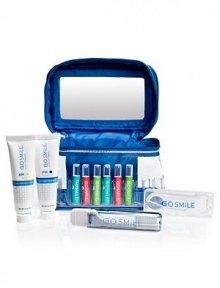 The perfectly portable way to keep your smile white. Convenient kit includes a train case with built-in mirror (6½L) containing six assorted Touch Up® ampules (.02fl/.59 ml each), travel-sized tubes of AM and PM Toothpaste (1oz/28g each), a travel toothbrush and a case of floss picks. Your smile will be white and healthy, in any time zone! The perfectly portable way to keep your smile white. Convenient kit includes a train case with built-in mirror (6½L) containing six assorted Touch Up® ampules (.02fl/.59 ml each), travel-sized tubes of AM and PM Toothpaste (1oz/28g each), a travel toothbrush and a case of floss picks. Your smile will be white and healthy, in any time zone!