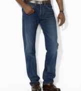 Constructed for a relaxed, classic fit in rich indigo denim, this sleek, modern jean is finished with subtle creasing and fading for a hint of well-worn comfort.